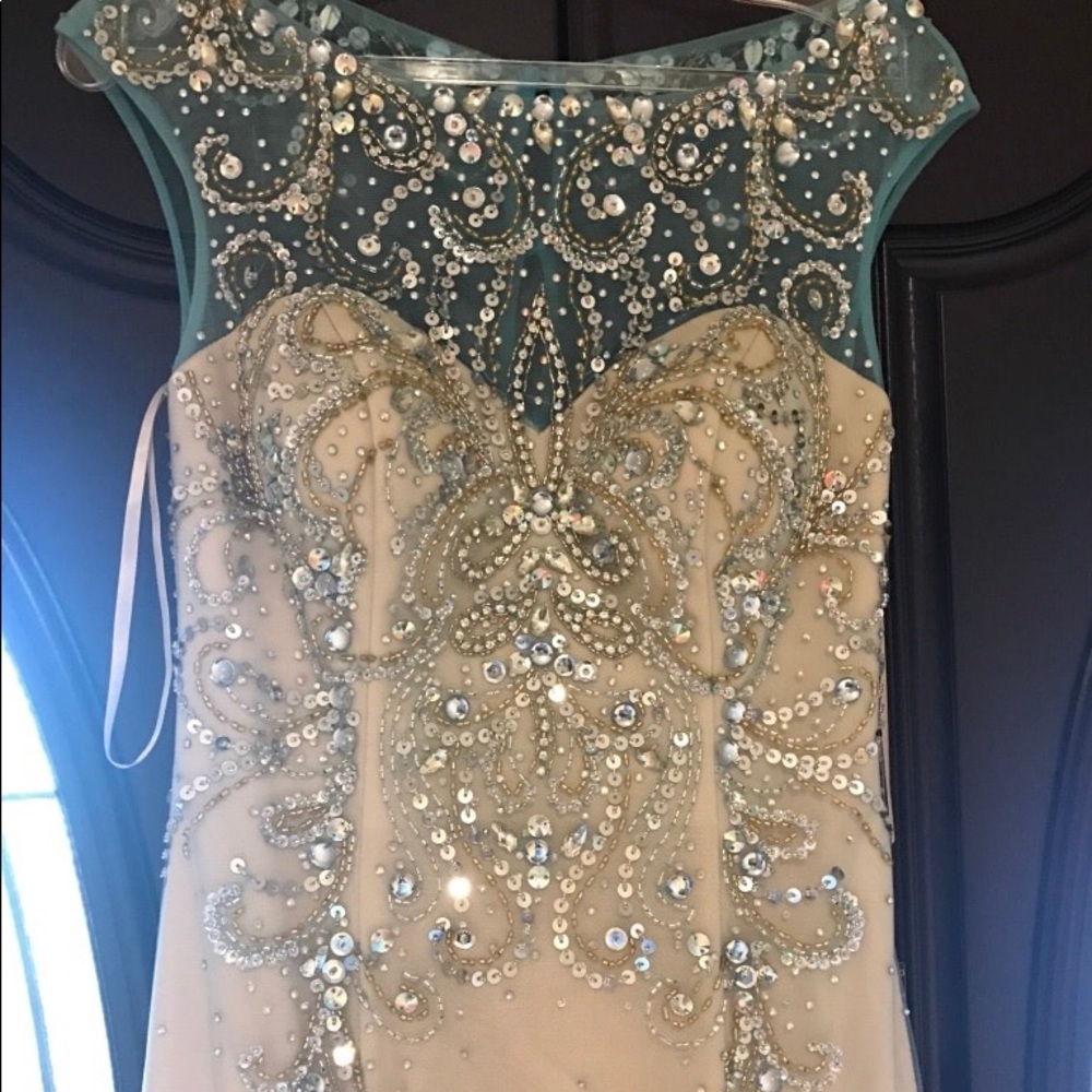 Tan and teal beaded sleeveless dress